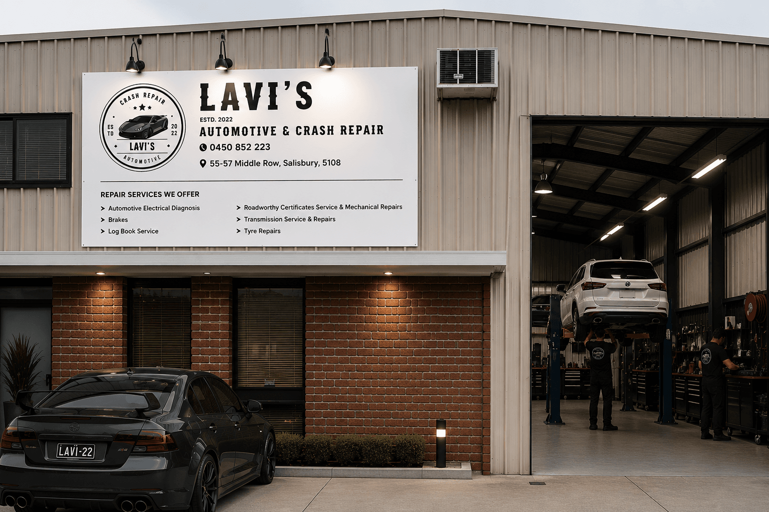Vehicle under workshop lighting at Lavi's Automotive